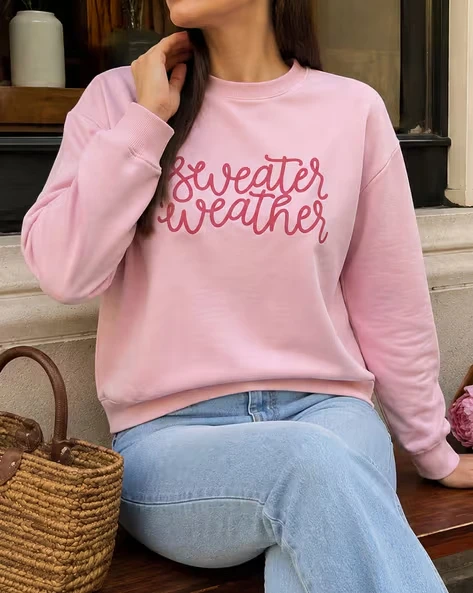 Women Crewneck Sweatshirt Sweater Weather Cursive Letter Front Print Long Sleeve Casual Loose Pullover Tops