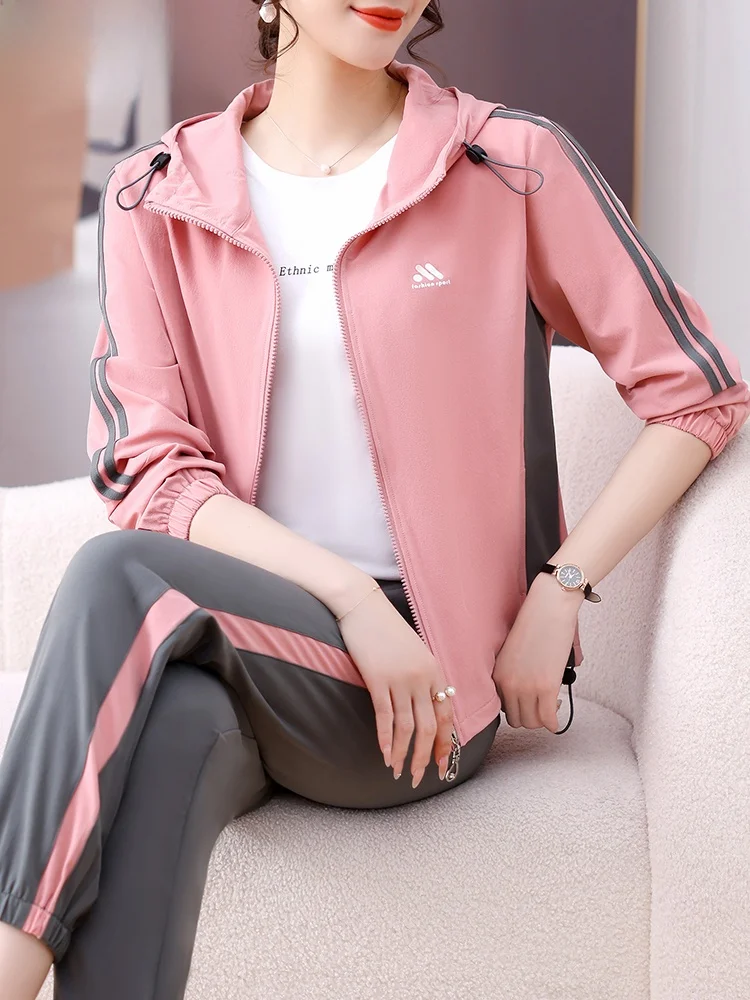 

Casual Sportswear Mom Coat Spring Autumn Set New 2025 Fashionable Top for Women over 50 Loose Fit Long Pants Zipper Closure