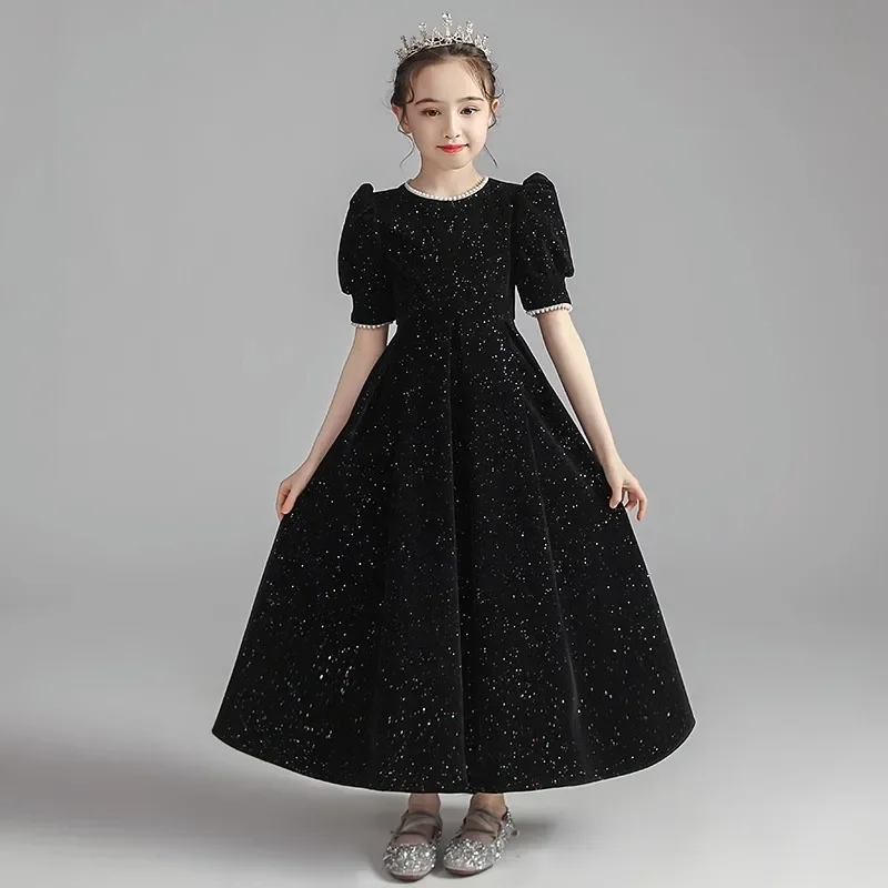 Black Elegant Velvet Children\'s Birthday Party Dresses for kid Little Girls Piano Performance Dress Concert Junior Evening Gowns