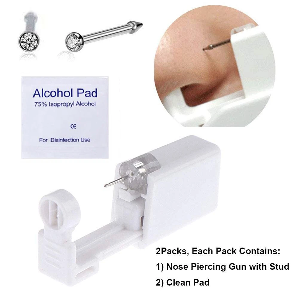 2Pcs Silver Self Nose Piercing Kit with Nose Std Piercing Kit Tool for Cartilage Tragus Helix Piercing Gun Give alcohol swabs