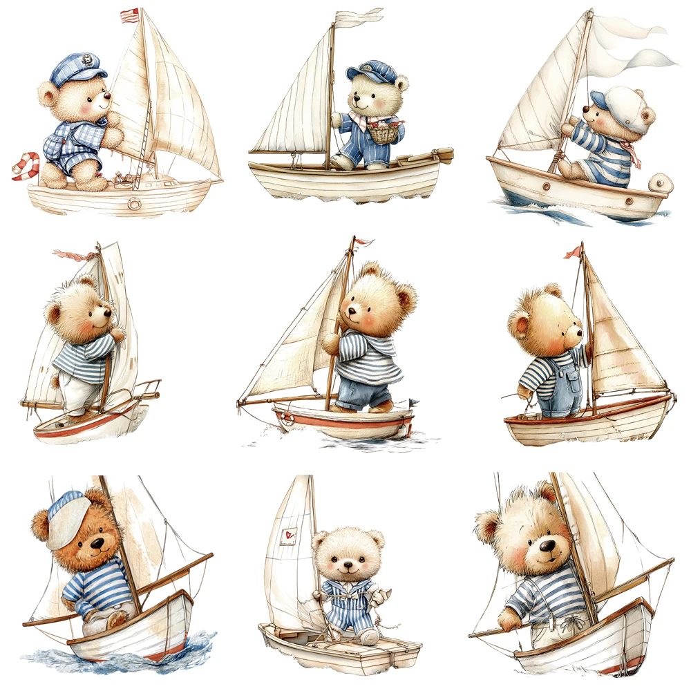 

15 см детская креативная наклейка с изображением парусника и медведя, термопереносная наклейка, футболка «сделай сам», DTF, утюг на переводные нашивки для детской одежды