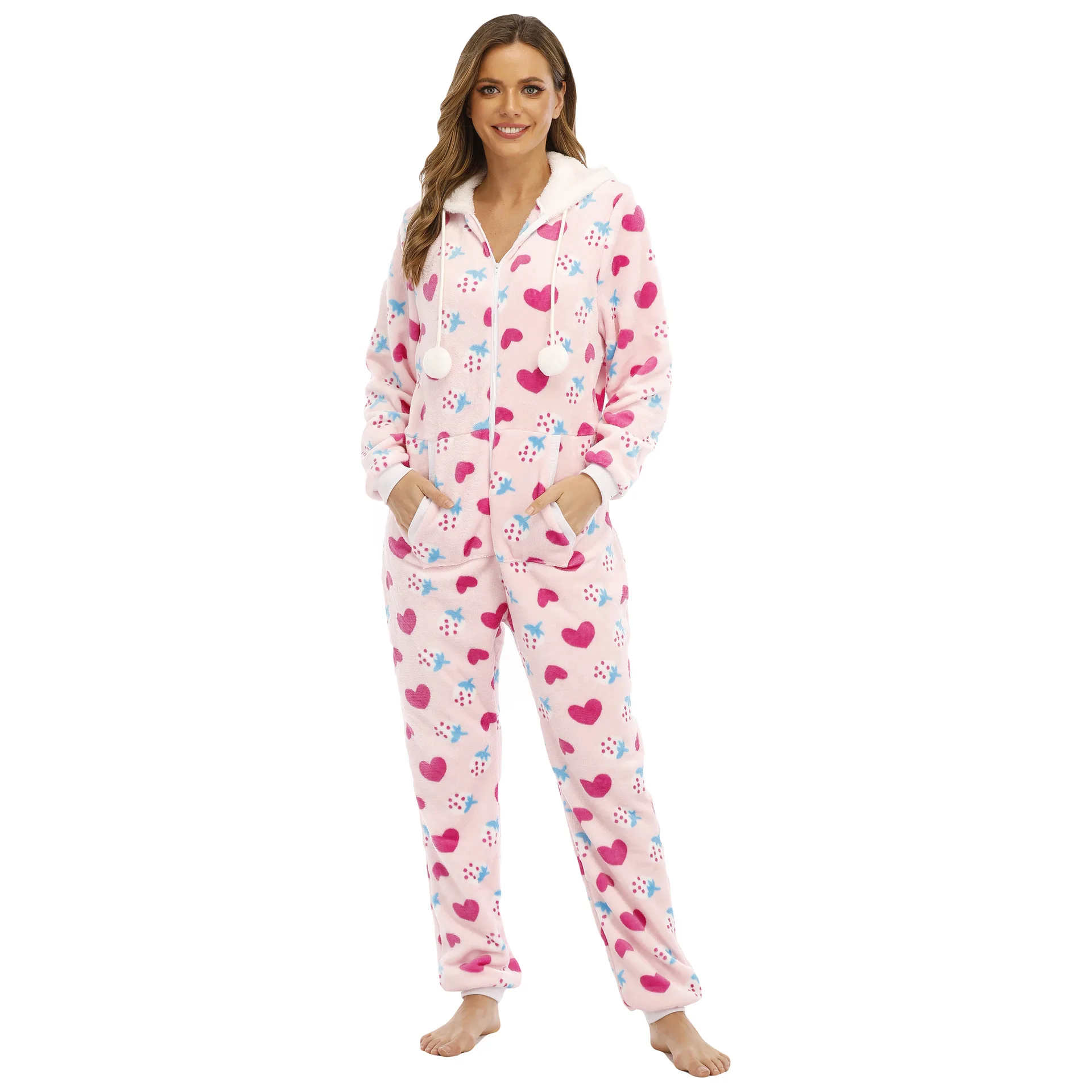 Women's Thickened Warm Pink Heart Flannel Hooded Bodysuit Pajamas 1PCS Home wear Girl's Cute Large Size Sleepwear Comfortable