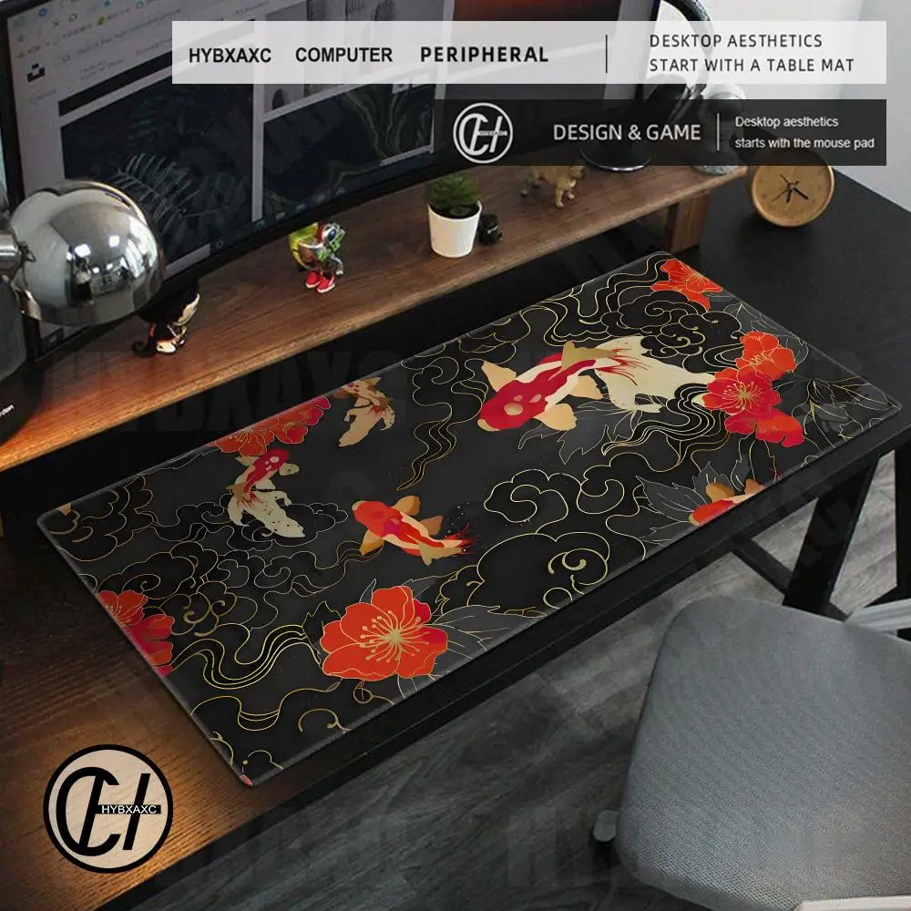 HYBXAXC Japanese Koi Taichi Desk Mat Black Red Mouse Pad Koi Fish Sun Cloud Deskmat Large Japan Art Seal Sunrise Gaming Mousepad