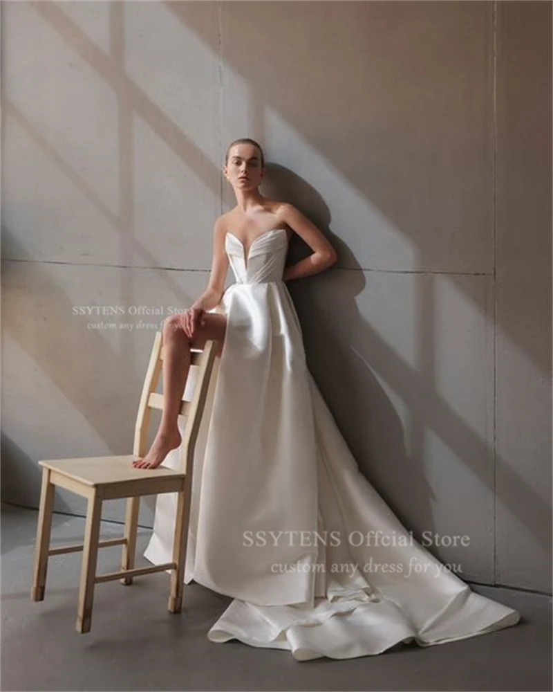 SSYTENS Sweetheart Satin Wedding Dresses Side Slit Floor Length Bride Dress Robe De Mariee White Elegant Customized Bridal Gowns