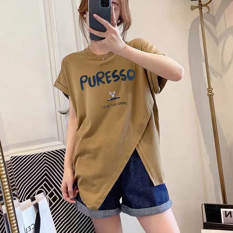 Y2K Fashion Open Splitted Short Sleeve T-shirt Women's 2023 New Oversized T-shirt Women Casual Print T-shirt Personality Tops