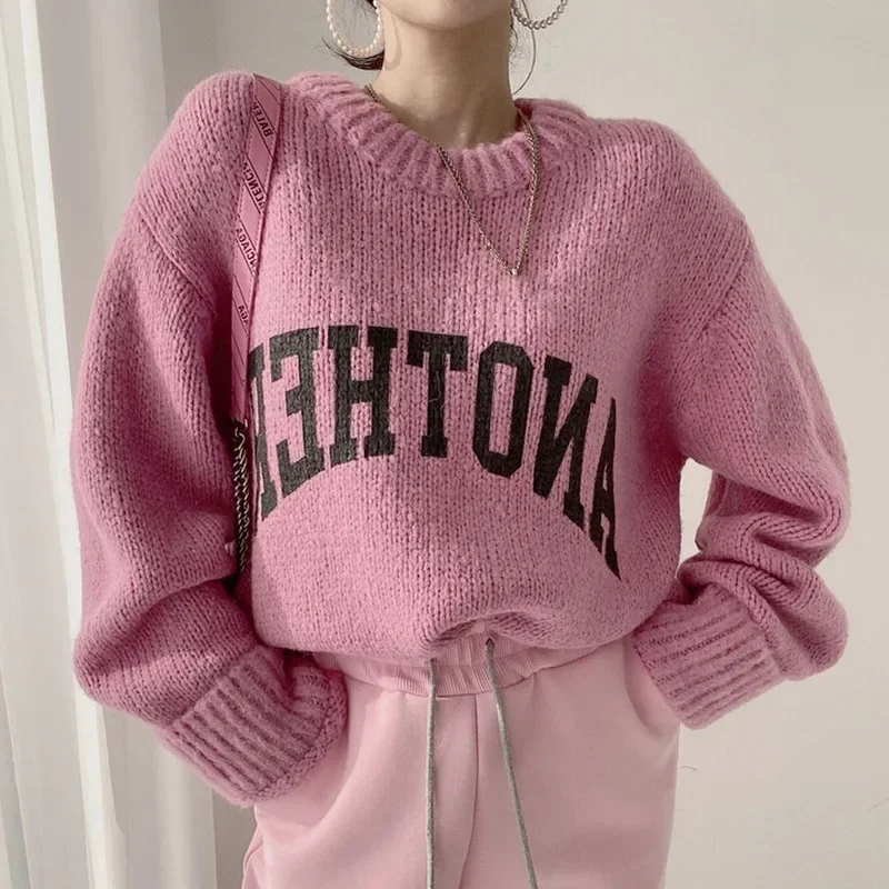 

For Women Ultra Long Sleeve CommKorean Style Candy Color round Neck Letter Print Loose Thickened Long Sleeve Knitted Sweater