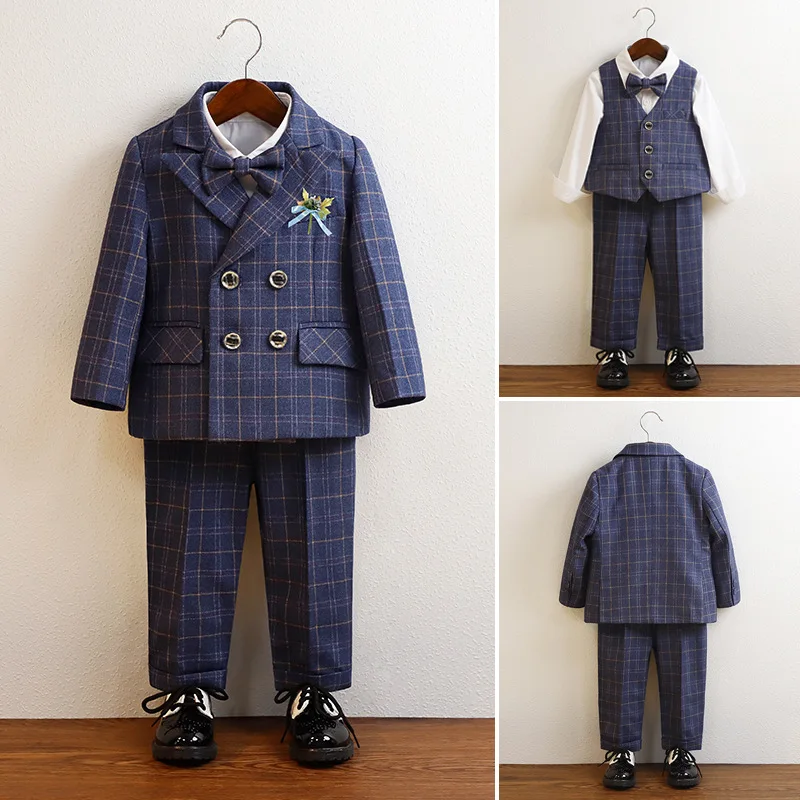 Children Suit Blue Gentlemen Plaid Piano Performance Costume Spring Fall School Uniform for Boys 2 3 4 6 Y Kids Birthday Tuxedo