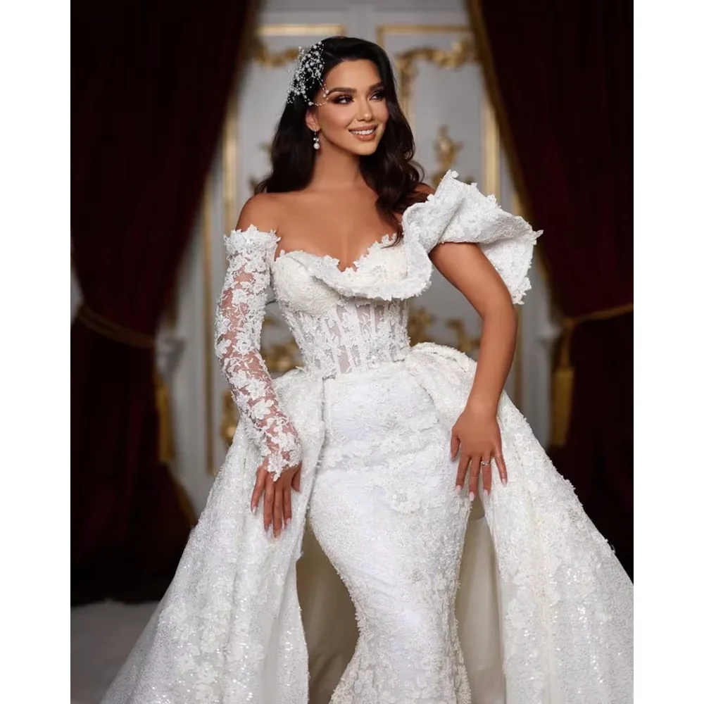 

Wedding Dresses with Detachable Train Chic Lace Appliques Mermaid Gowns Off The Shoulder Court Train Sequined Bride Dresses