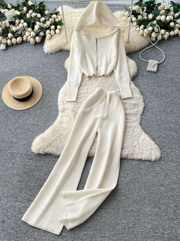 

Laid-ba Sle Вязаный открытый кардиган с капюшоном и широкими брюками с высокой талией Женские тканые брюки на молнии Осенние универсальные утягивающие двухсекционные брюки...