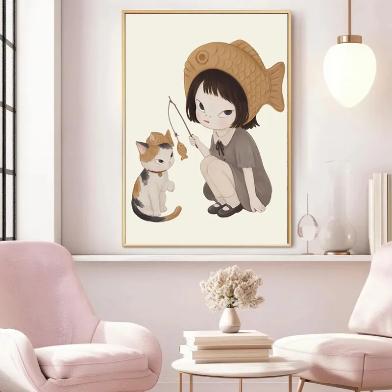 Yoshitomo Nara Inspired Girl Taiyaki Hat Poster Surreal Japanese Style Cute Cat Canvas Painting Wall Art Cozy Bedroom Home Decor
