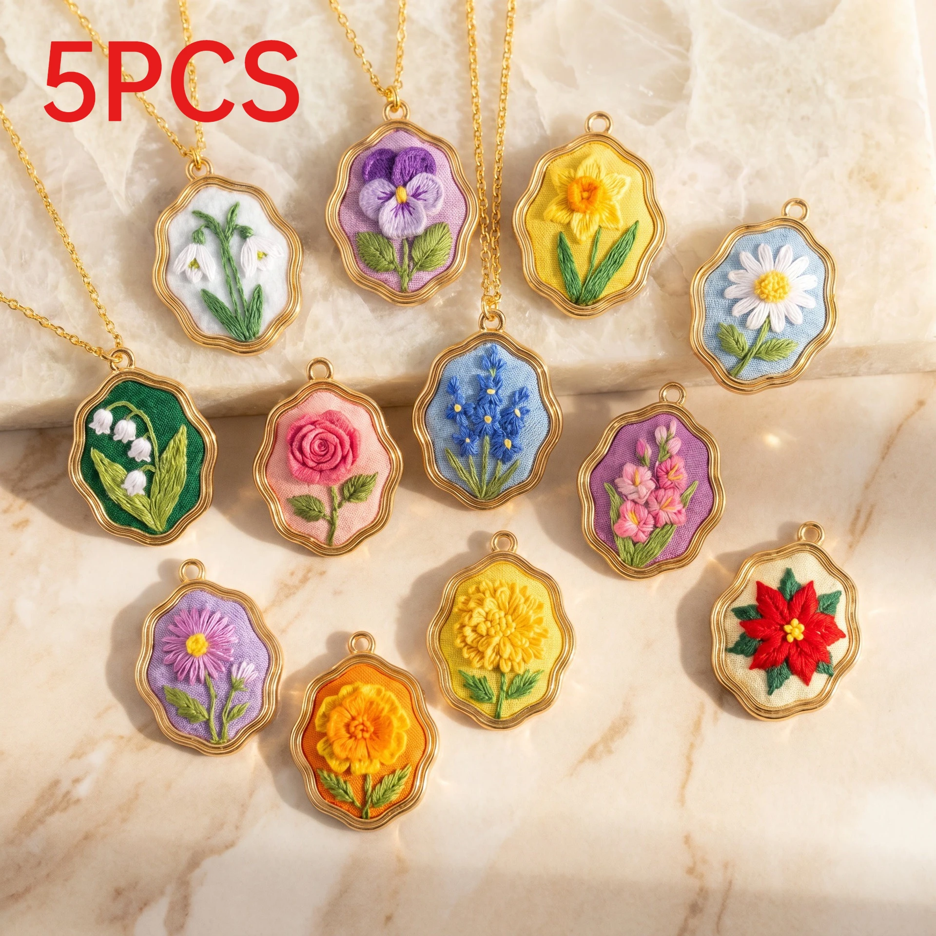 

5Pcs Fashion Luxury Embroidery Floral Stainless Steel Mini Charms Pendants For DIY Necklace Accessories