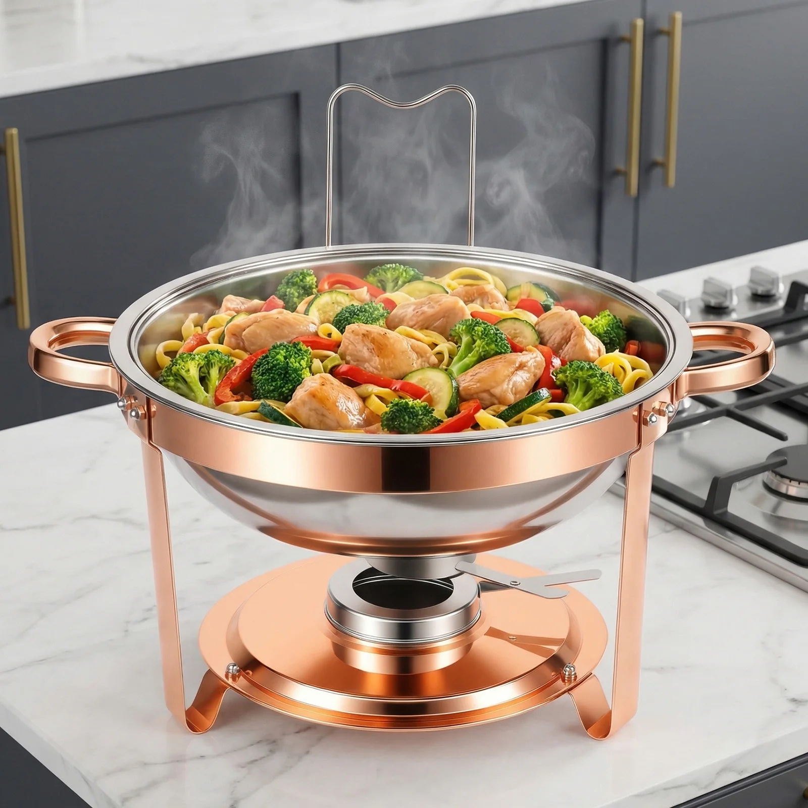 Chafing Dish Set Gold-Plated 5QT Round Warmer Server Stainless Steel 316 with Glass Lids – Premium Buffet & Hot Pot Serving for Parties Buffets Weddings Birthdays 1/2/4/6 Pack