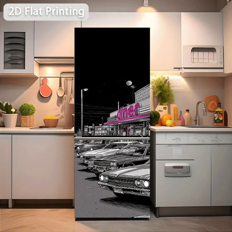 Refrigerator Sticker Old-Fashioned Cars Parked in Front of The Car Restaurant at Night Theme Scene Wall Sticker Decoration Wal