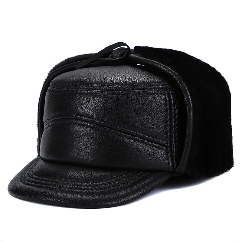 Winter Men's Leather Hat Thicken Leather Sheepskin Baseball Caps With Ears Warm Snapback Dad's Hats Sombrero De Cuero Del Hombre