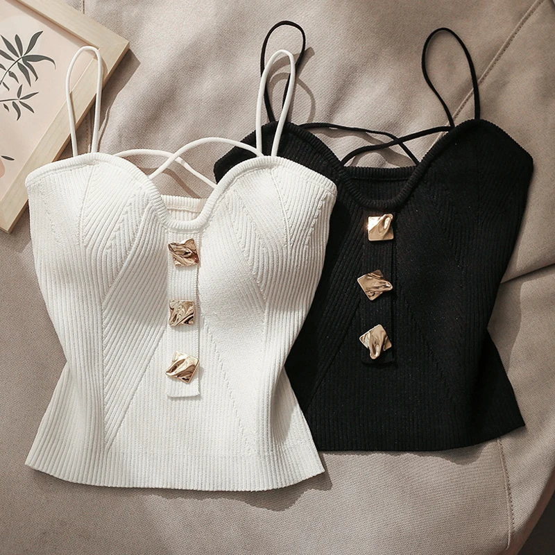 

Women's Sexy Knitted Tops Summer Vest French Style Cross-knit Suspender Female White Black Camisole Top Spaghetti Strap