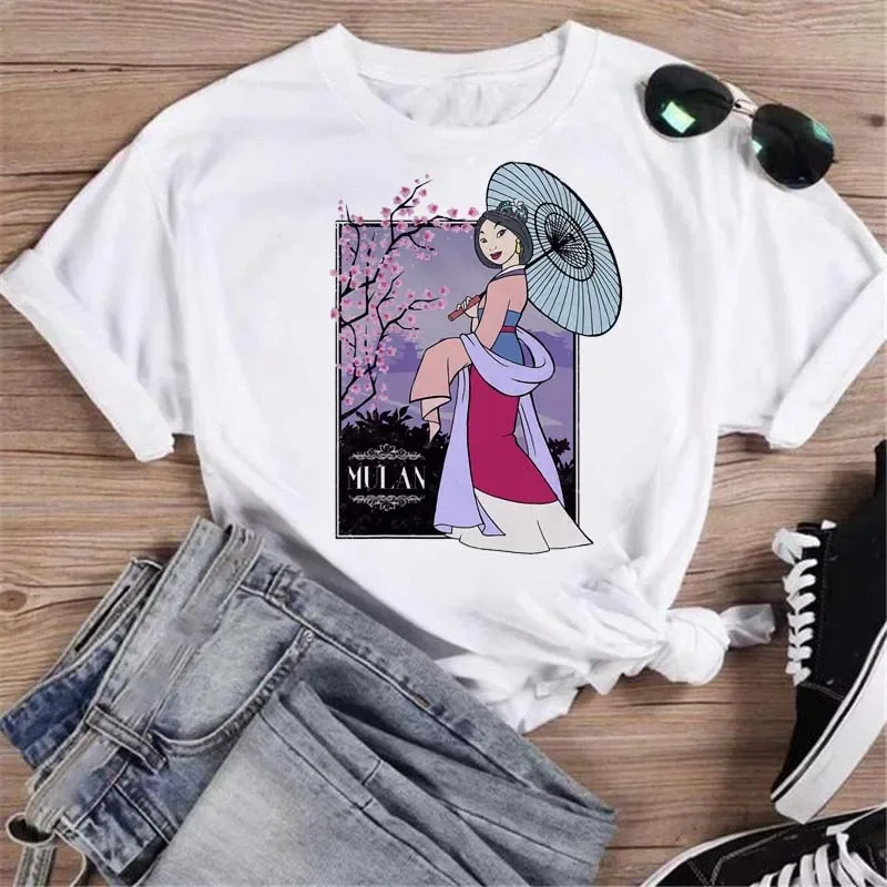 Disney Mulan Print T-shirt Women Harajuku Aesthetics Casual Y2K Tops Summer Fashion Mushu Printed Female Clothing