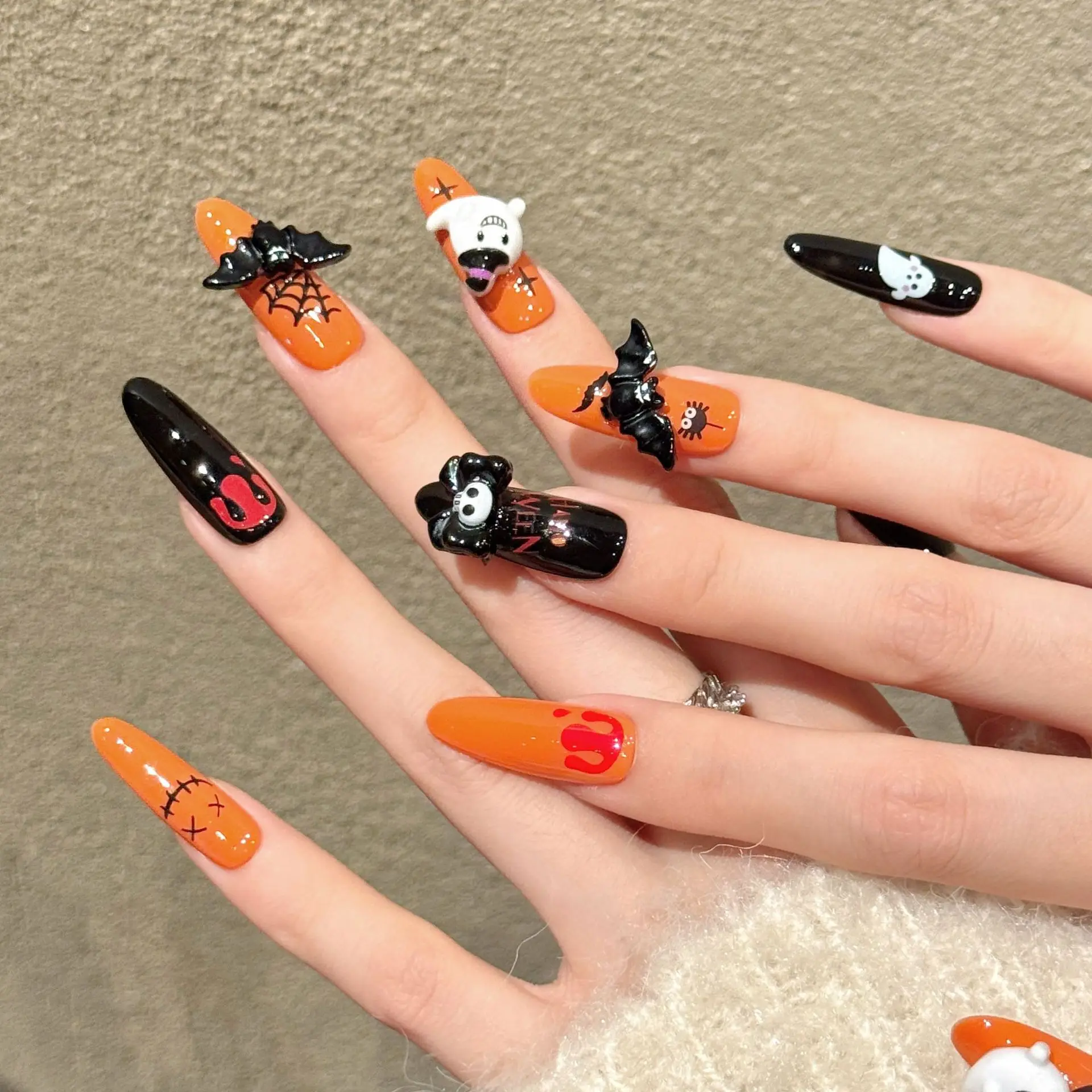 10Pcs Long Oval Press On Nails, Halloween Themed False Nails With Ghost, Skull, Pumpkin And Bat Design, Suitable For Women
