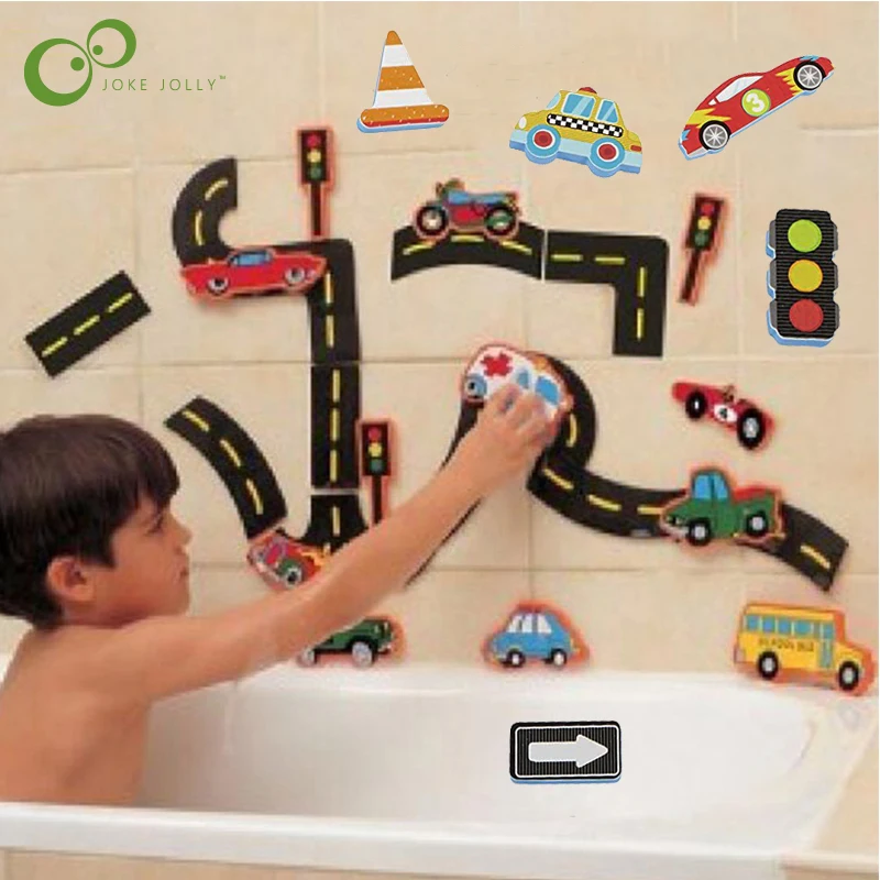 Rail Traffic Vehicle Bath Toys Soft EVA Kids Baby Bathroom Water Toys Early Educational Suction Up Bathing Toys for Children