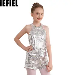 Kids Girls Sequins Dance Leotards Halter Neck Strapy Back Sleeveless Short Party One-Piece Dance Jumpsuit