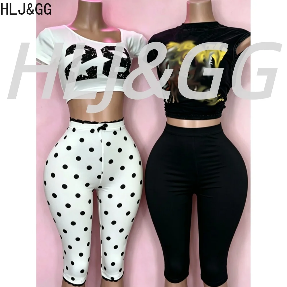 HLJ&GG Fashion Y2K Letter Print Tshirts Two Piece Sets Women O Neck Sleeveless Top And Polka Dot Print Shorts Outfits Streetwear