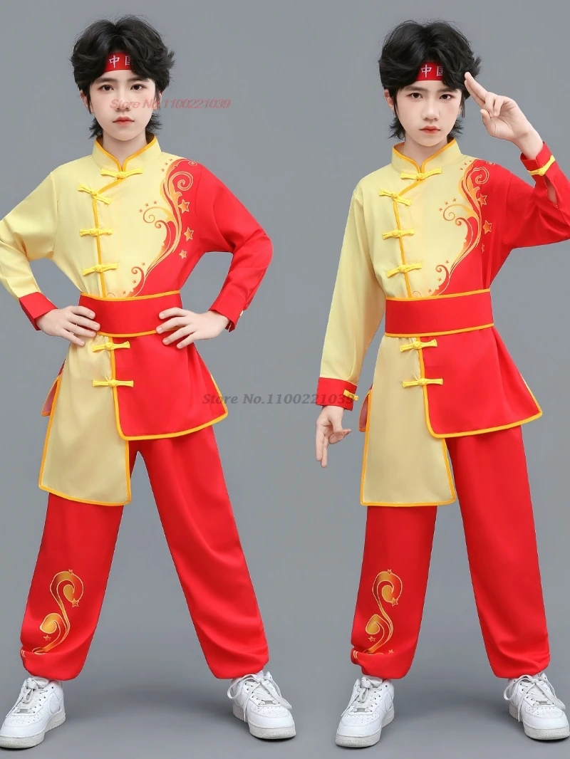 

2026 chinese children wushu tai chi uniform wushu kung fu martial arts suit vintage flower print patchwork training exercise set