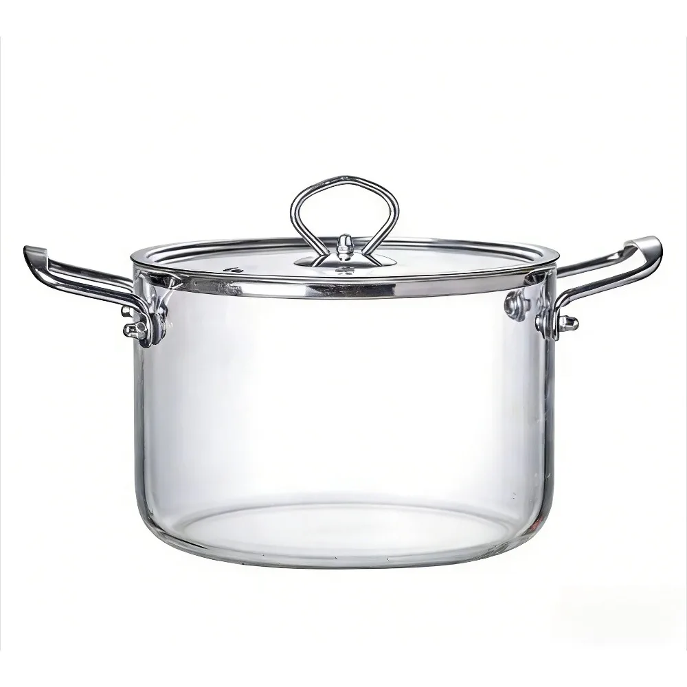 Glass Soup Pot with Lid Stainless Steel Double Handles Heat Resistant Stewpan Glassware for Cooking Milk Pasta Kitchenware