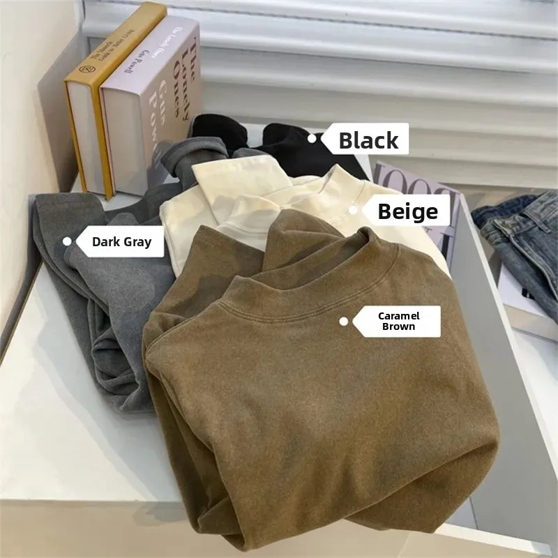 Women's Slim Fit Long Sleeve Base Shirt Medium Collar Double Sided Flocking Velvet Warm Inner Wear T-Shirt Light Coffee Color
