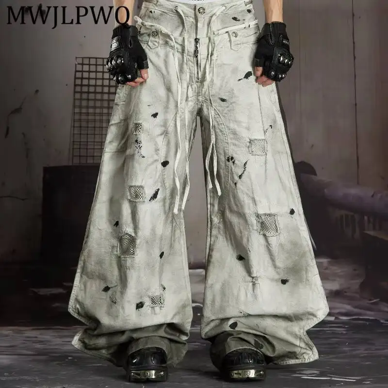MWJLPWQ Vintage Splash Ink Mesh Patch Rip Wide Leg Jean Double Drawstring High Waist Men Grunge Street Casual Bottom Fit 16938