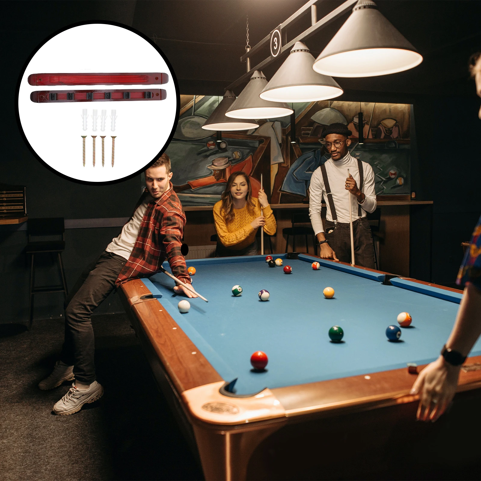 

1Set Wall-Mounted Wood Cue Rack Six Holes Pool Stick Display Rack Cue Organizer Pool Stick Holder Billiard Supply