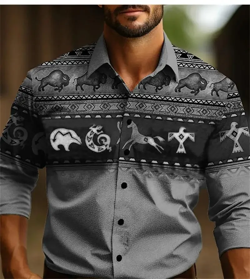

2025 Men's Retro Shirt Ethnic Wear Western Shirt Tribal Pattern Retro Black Gray Soft Comfortable Long Sleeve Clothing New Style