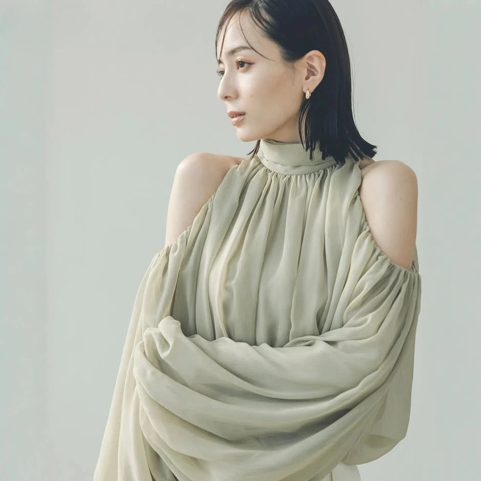 Japanese Style High Neck Off-Shoulder Chiffon Short Long Sleeve Top Sweet Loose Women's Solid Color Versatile Shirt with Ribbon