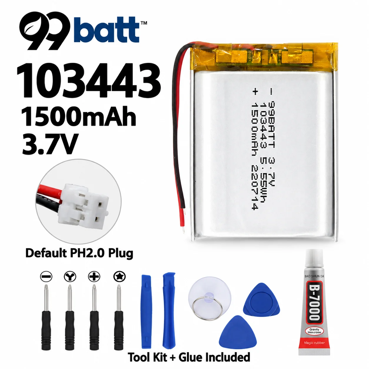 103443 3.7V 1500mAh 5.55Wh LiPo Battery Rechargeable Polymer Lithium Battery 10×34×45mm with PH2.0 Plug