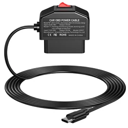 Car OBD Power Cable with Switch Button USB-C Port Adapter for Dash Camera 24 Hours Surveillance/Acc Mode