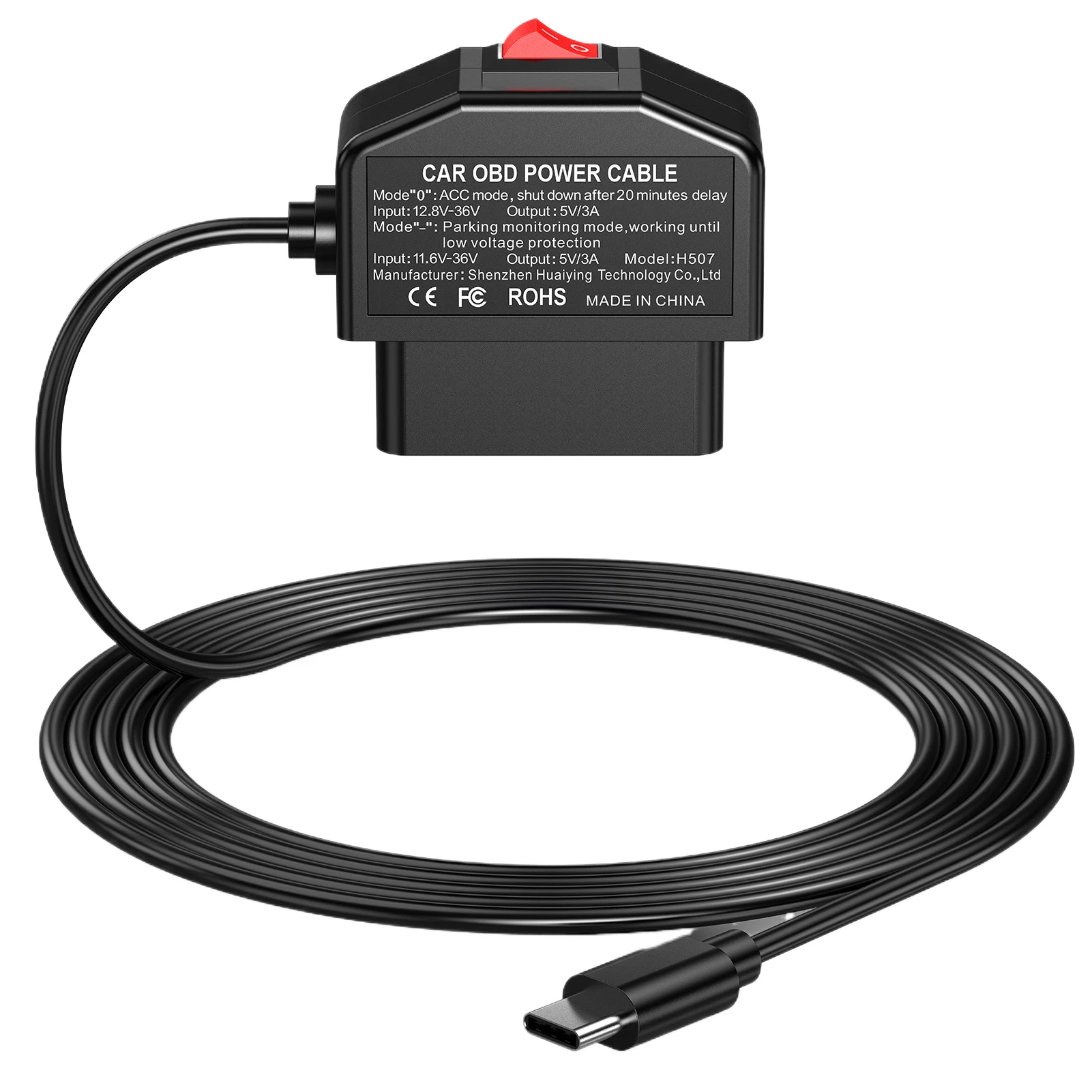 Car OBD Power Cable with Switch Button USB-C Port Adapter for Dash Camera 24 Hours Surveillance/Acc Mode