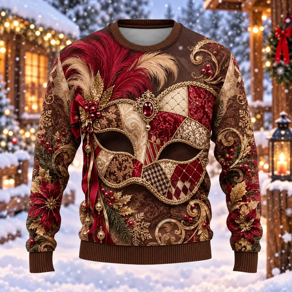 2026 Masquerade Mask Ugly Christmas Sweater for Men Women Festive Holiday Party Crewneck Pullover Long Sleeve Winter Sweaters