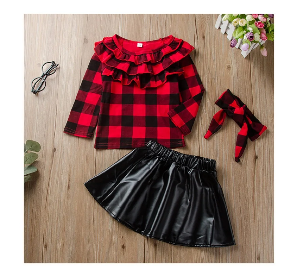 New Three piece Set for Girls and Children\'s Spring and Autumn Children\'s Wear Red Plaid Top+Skirt Set