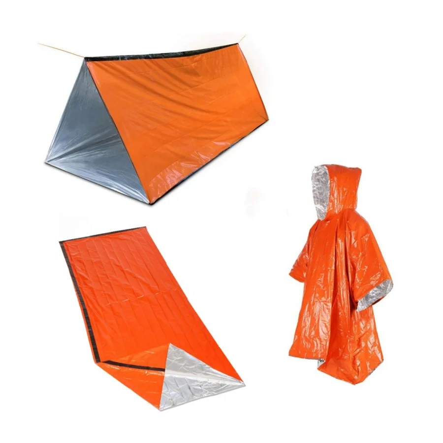 Outdoor emergency 3-piece set including tent, raincoat, sleeping bag, outdoor emergency first aid, travel, outdoor insulation