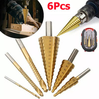 6Pcs HSS Round Handle Step Drill Bit Set Titanium Coated Wood Metal Hole Cutter Core Drill Bit Set Tool For Metal Woodworking