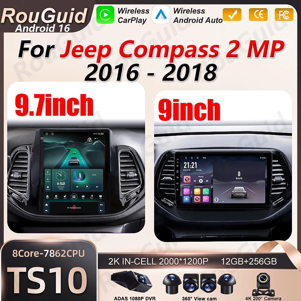 

Android 16 Carplay Car Radio For Jeep Compass 2 MP 2016 2017 2018 2019 GPS Stereo 2K Screen Video Multimedia Player RSD 5G Wifi