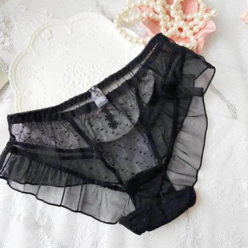 Women Cute Lovely Sweety Lolita Princess Style Sexy Lace Transparent Dot Underwear Mesh Ruffles Breathable Panties Breifs