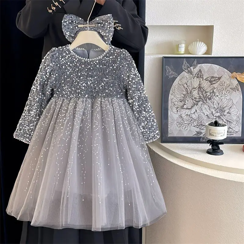 Send veil girls' daughter style dress autumn and winter little girl high-end birthday dress children's fluffy yarn sequins