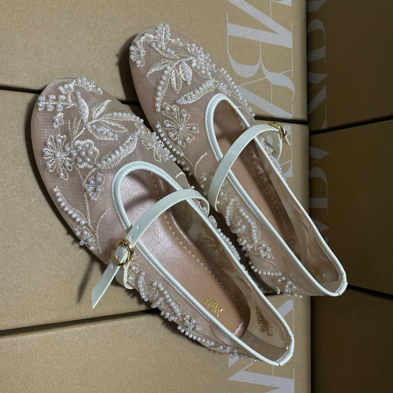 

Fashion Buckle Mesh Embroidery String Bead Design Women Ballet Flats Breathable Mary Jane Shoe Comfort Low Heel Soft Flat Sandal