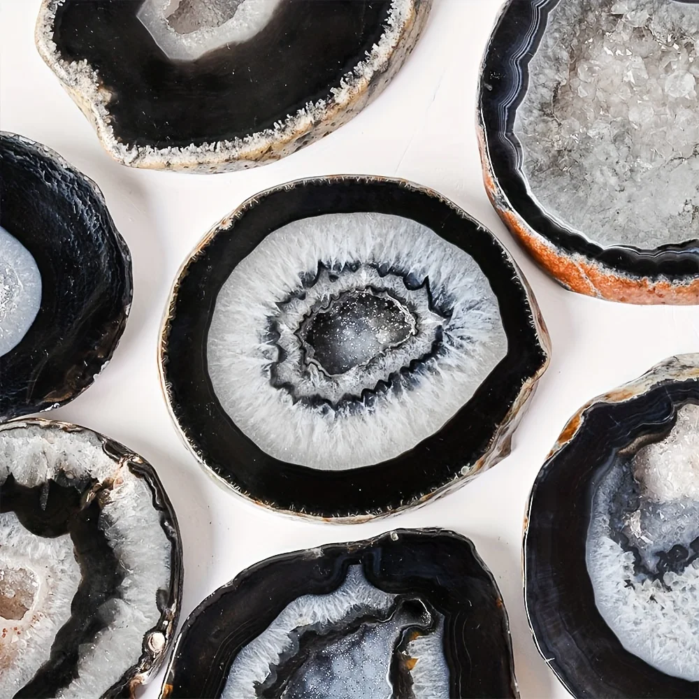 1pc Natural Black Agate Geode Slice Style Round Cut Crystal with Natural Inclusions Glossy Black Agate Gift for Home&Office view 2