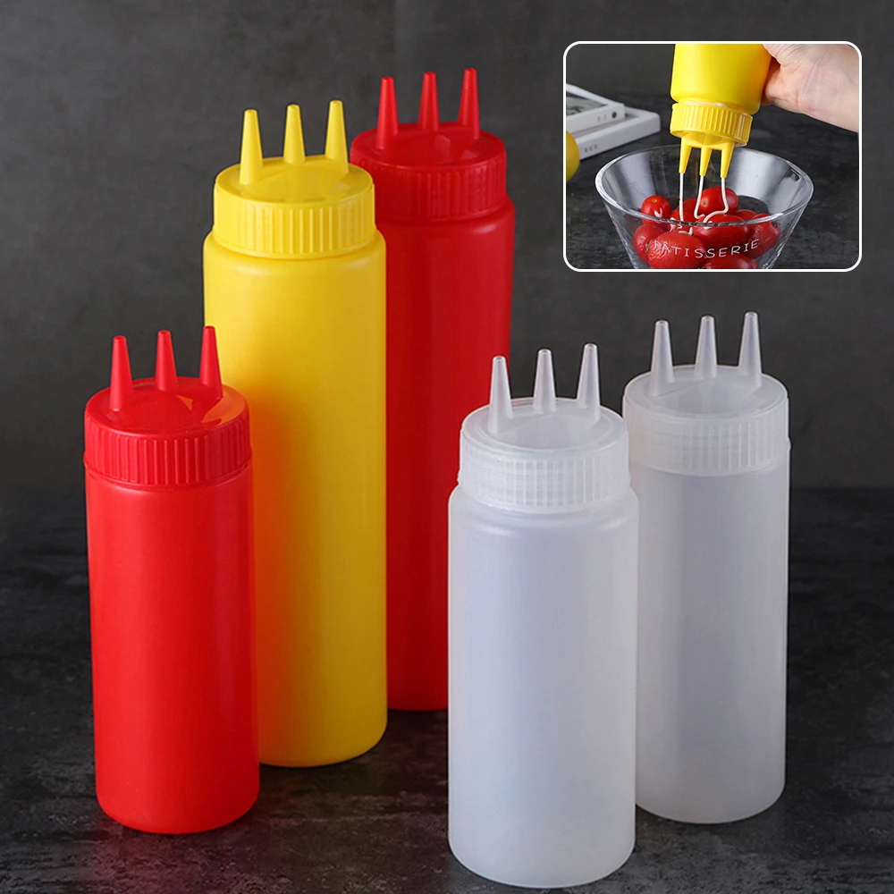 3 Holes Sauce Squeeze Bottle Condiment Dispenser Container Salad Dressing Seasoning Ketchup Mustard Storage Jar Kitchen Tools