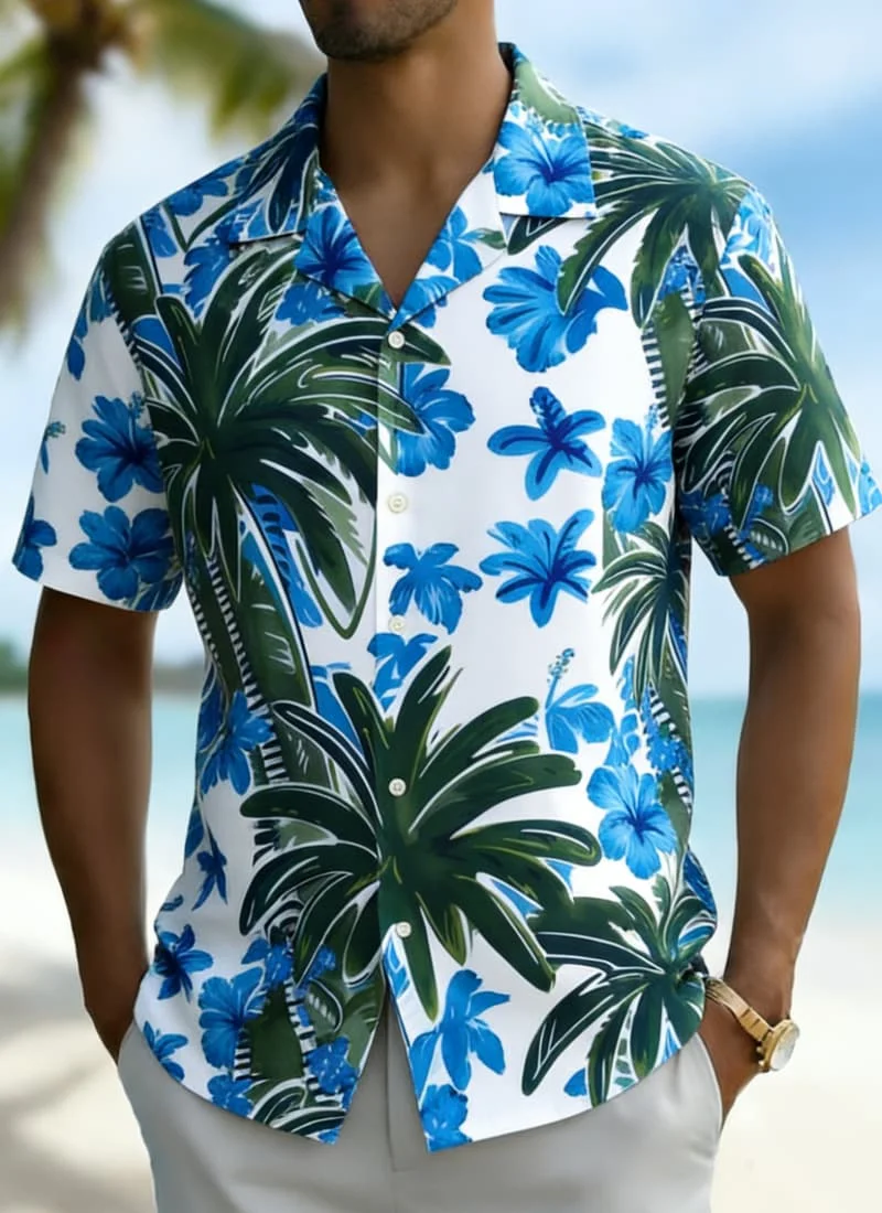 

Men's Tropical Floral & Palm Tree Print Shirt, Exotic Hawaiian Casual Design for Summer Vacation, Daily Wear & Street Style