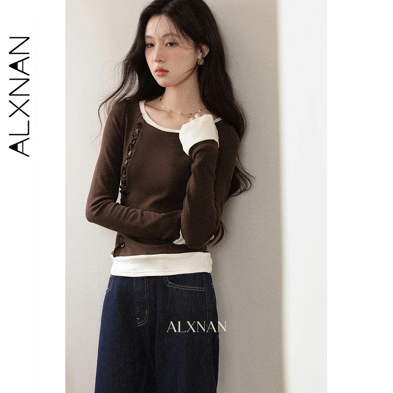 ALXNAN T-shirt marrone Falso patchwork in due pezzi T-shirt a maniche lunghe da donna 2025 Autunno Cotone Office Lady Slim-fit Top L57310