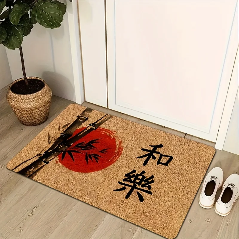 1pc 2D Flat Bamboo Red Sun Wa Japanese Calligraphy Flannel Door Mat Non Slip Zen Asian Decor Rug For Entryway Bathroom Floor