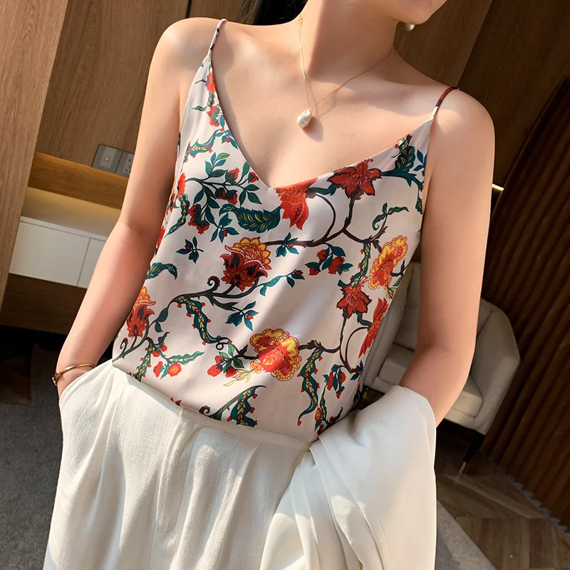 2023 Summer Women\'s Strap Silk Seamless Sports Top High Temperature Printed Sleeveless Sexy V-Neck T-Shirt Suit Office Wear