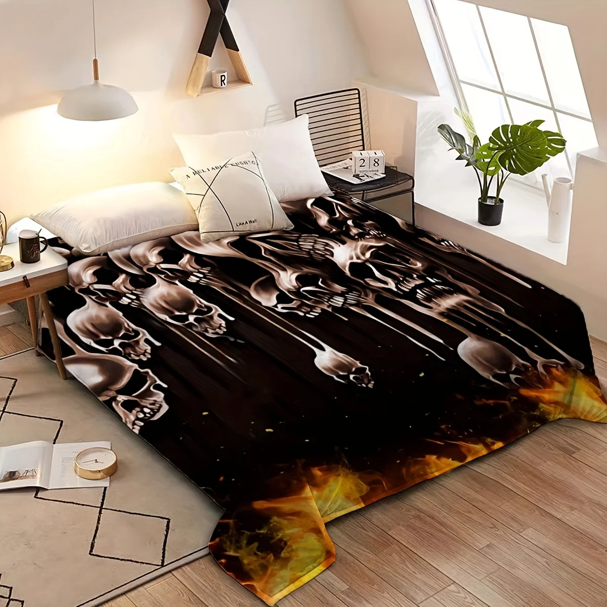 Spooky Halloween Skull Print Blanket Throw Gothic Skeleton Flame Pattern Fleece Microfiber Decor Bed Cover Christmas Gift