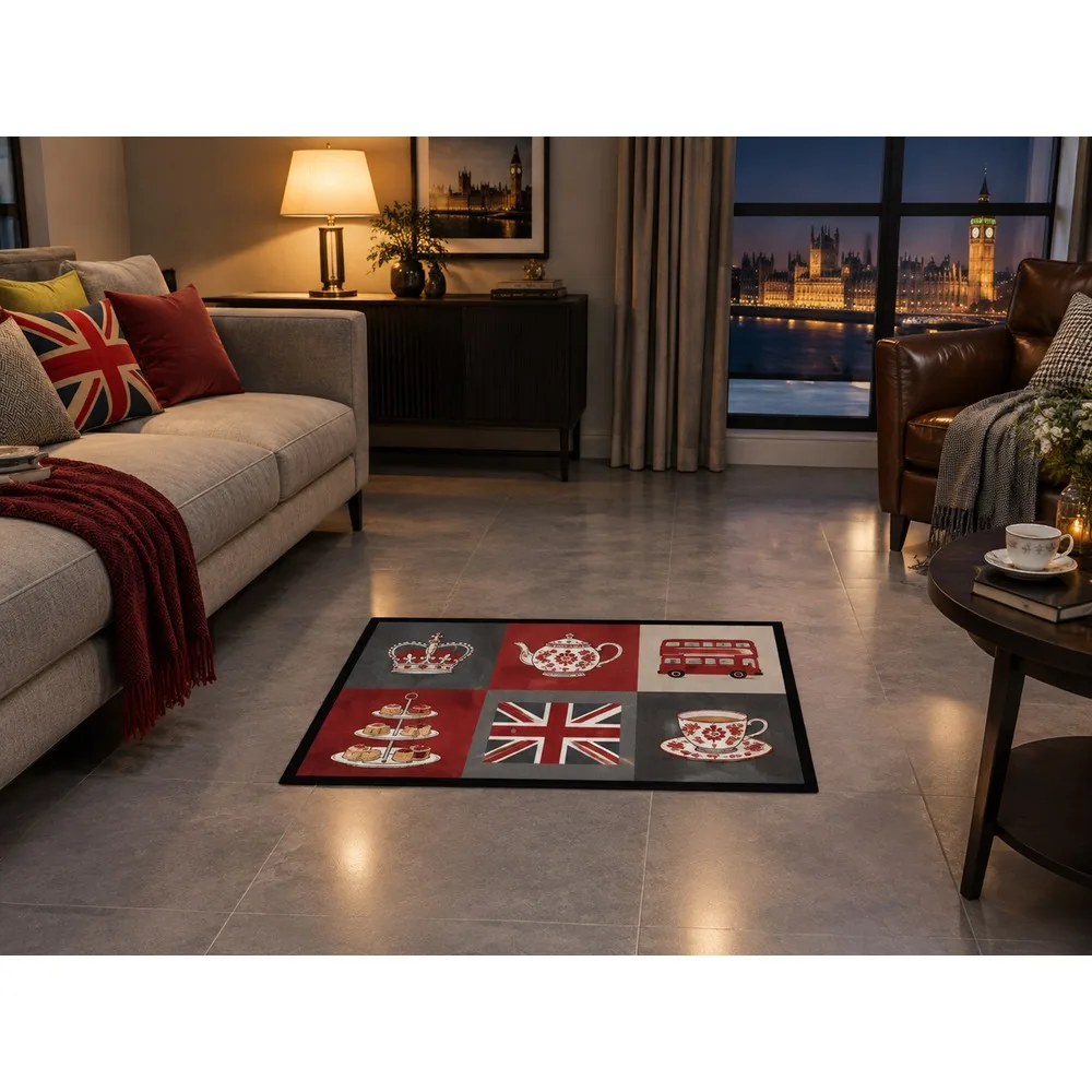 VIKAMA British Slate Brick Afternoon Tea Flannel Door Mat, Non-Slip Entryway Door Mat, UK Home Decor for Snug, Landing, Pantry